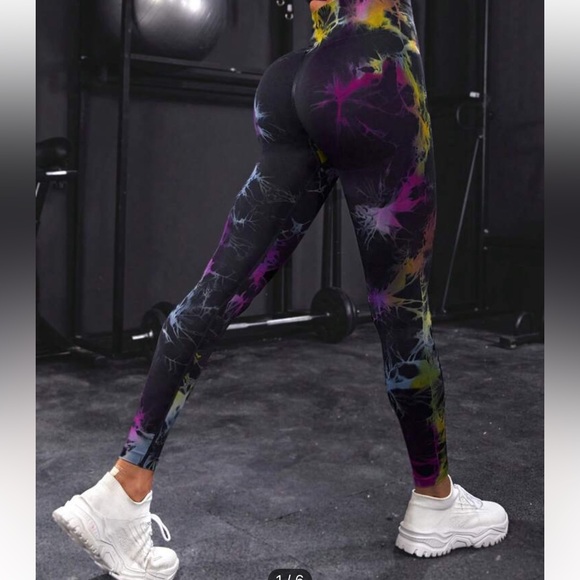 Tie dye colorful black workout wide waistband high waist scrunch butt leggings - Picture 3 of 6